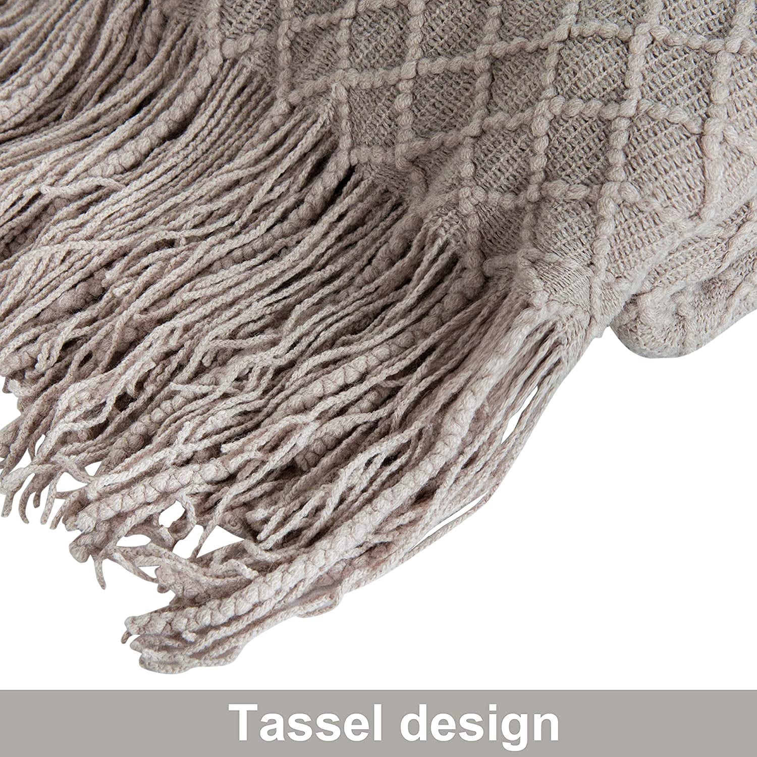 Lightweight Acrylic Knitted Throw Blanket - Soft and Cozy Decorative Woven Blanket with Tassels for Travel, Couch, Bed, and Sofa, 51x67 Inches, Taupe Checkered