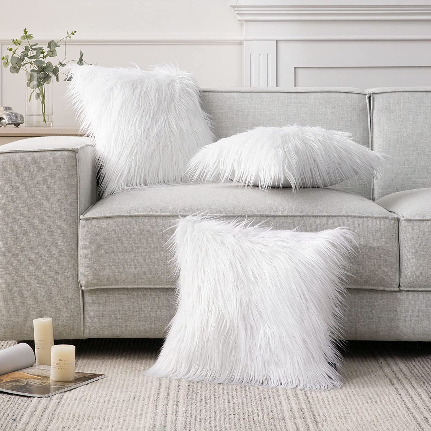 Mongolian Luxury Faux Fur Decorative Pillow Cover, Fluffy True White Cushion Case for Bedroom and Couch, 18 x 18 Inches