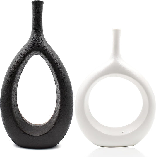 Samawi Contemporary Black and White Ceramic Vase Set of 2 for Modern Living Room Decor
