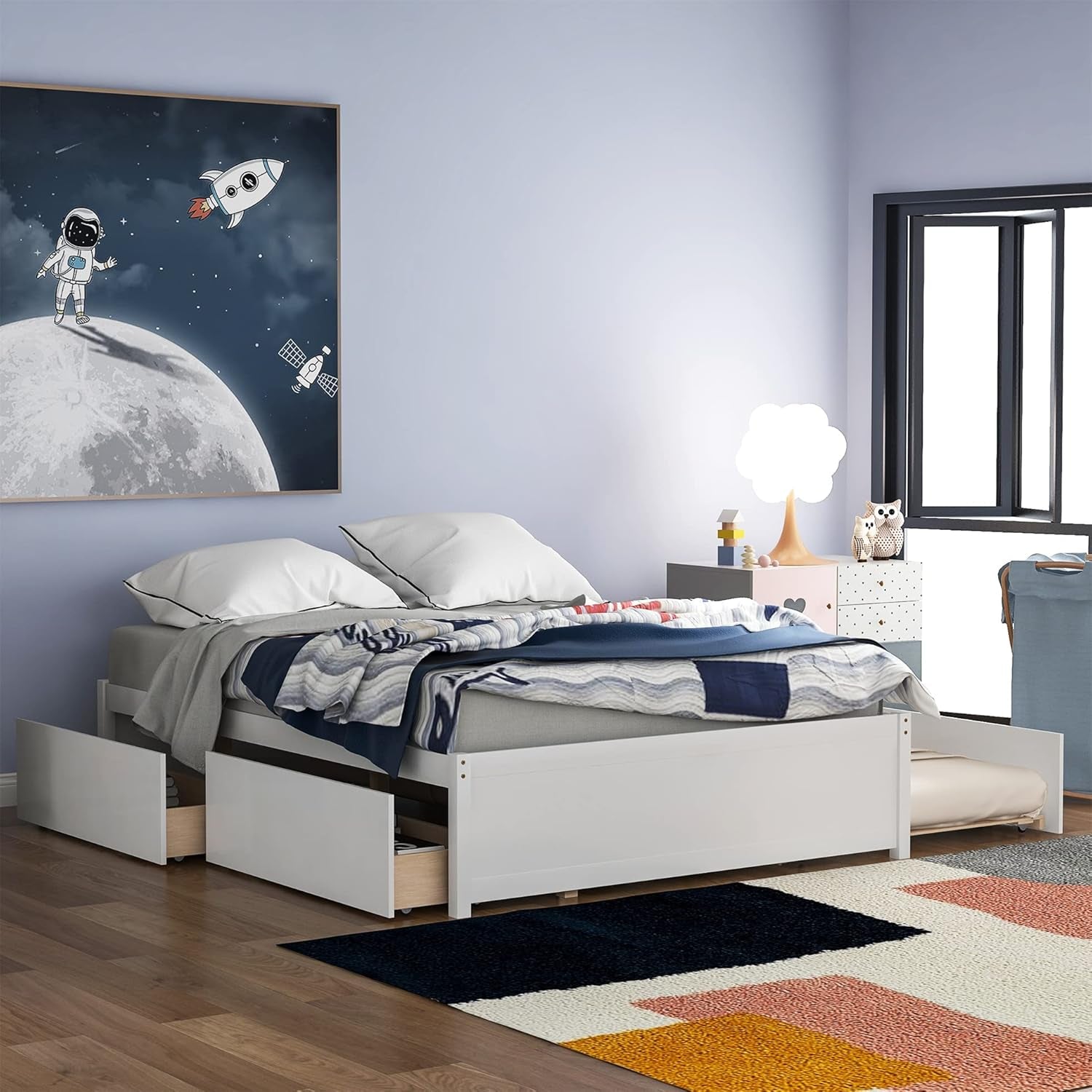 Full Bed with Trundle and Dual Storage Drawers, Space-Saving Wood Platform Bed Frame for All Ages (Full, White)