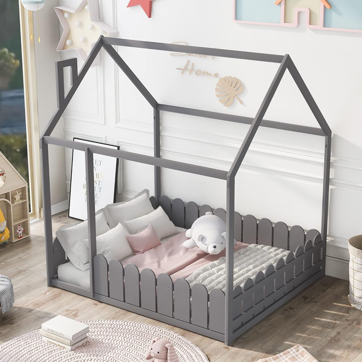 Full-Size House Bed for Children with Roof and Fence, Wooden Bed Frame for Kids, Teens, and Nursery, Easy Assembly Cabin Floor Bed