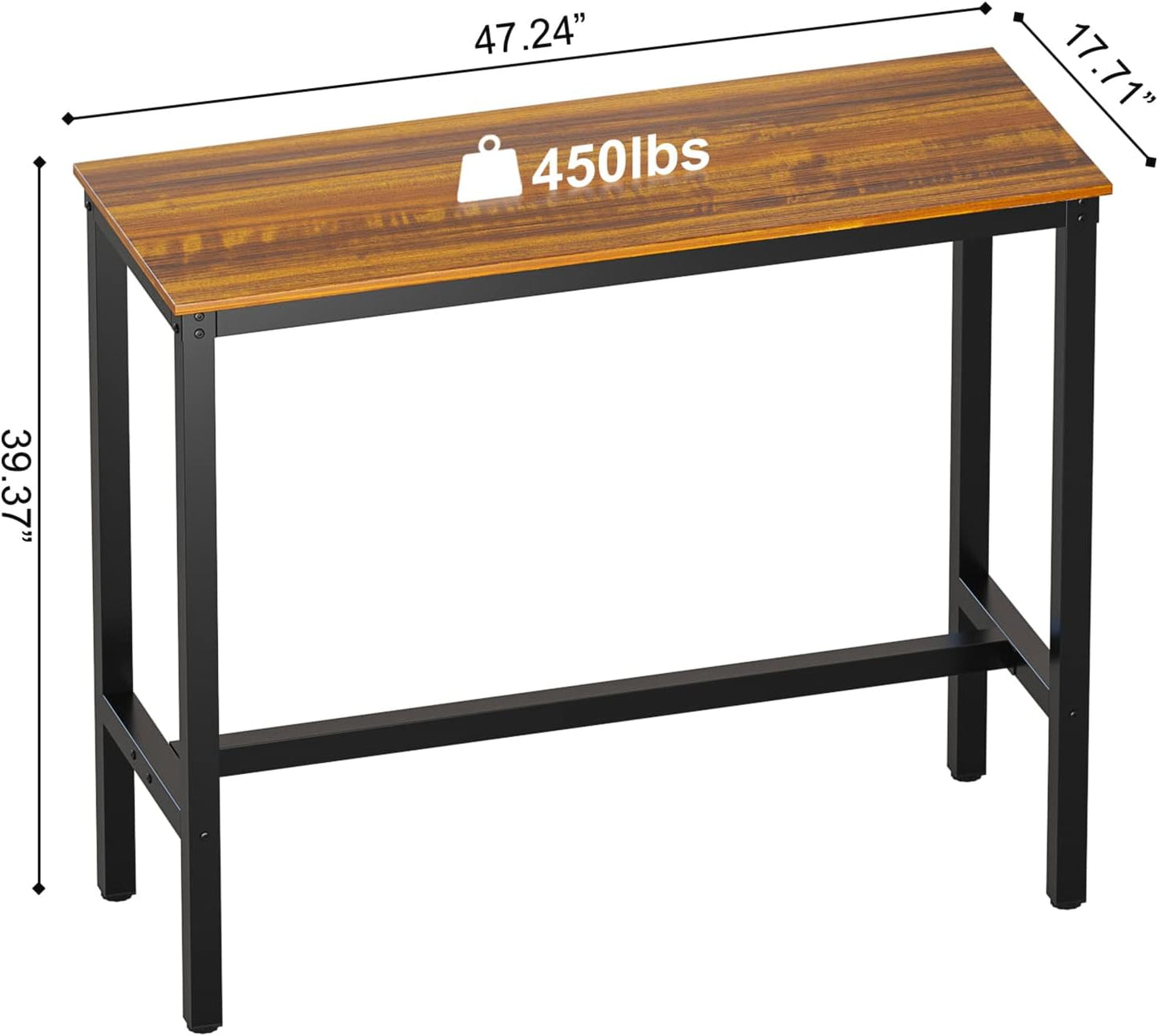 Rectangular Bar Table with Sturdy Metal Frame, 47.24" Teak High Top Counter Height Table for Kitchen, Dining, and Living Room