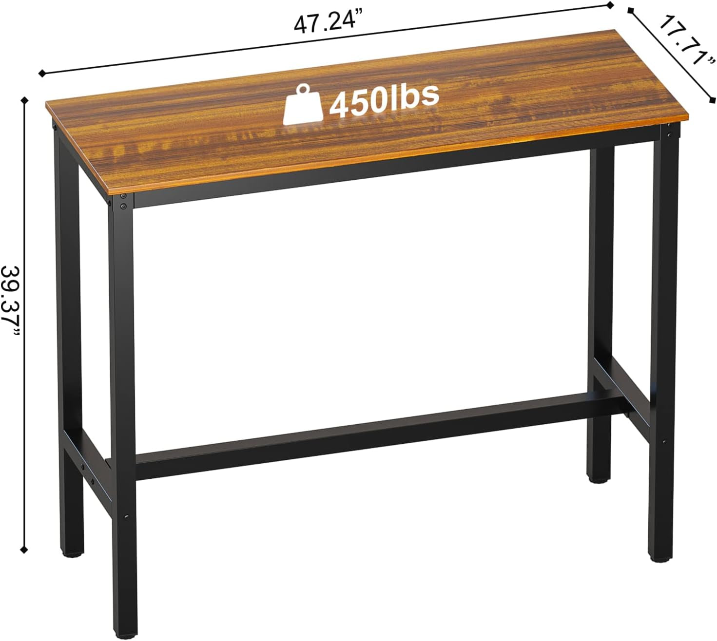 Rectangular Bar Table with Sturdy Metal Frame, 47.24" Teak High Top Counter Height Table for Kitchen, Dining, and Living Room