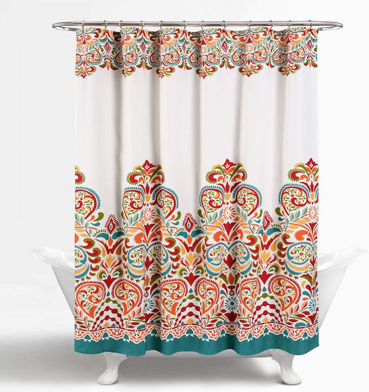 Clara Fabric Shower Curtain - Colorful Bohemian Paisley Damask Print, 72” x 72”, Turquoise & Tangerine