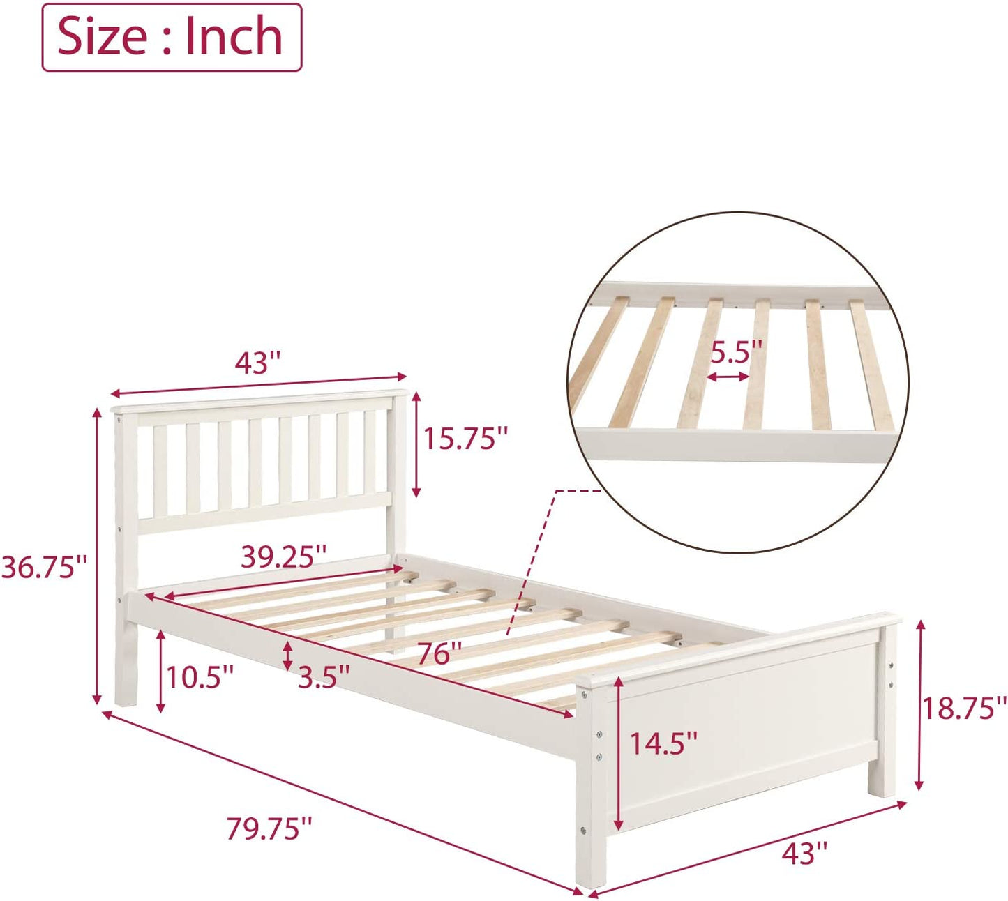 Classic White Wood Twin Bed Frame with Headboard and Footboard - No Box Spring Required