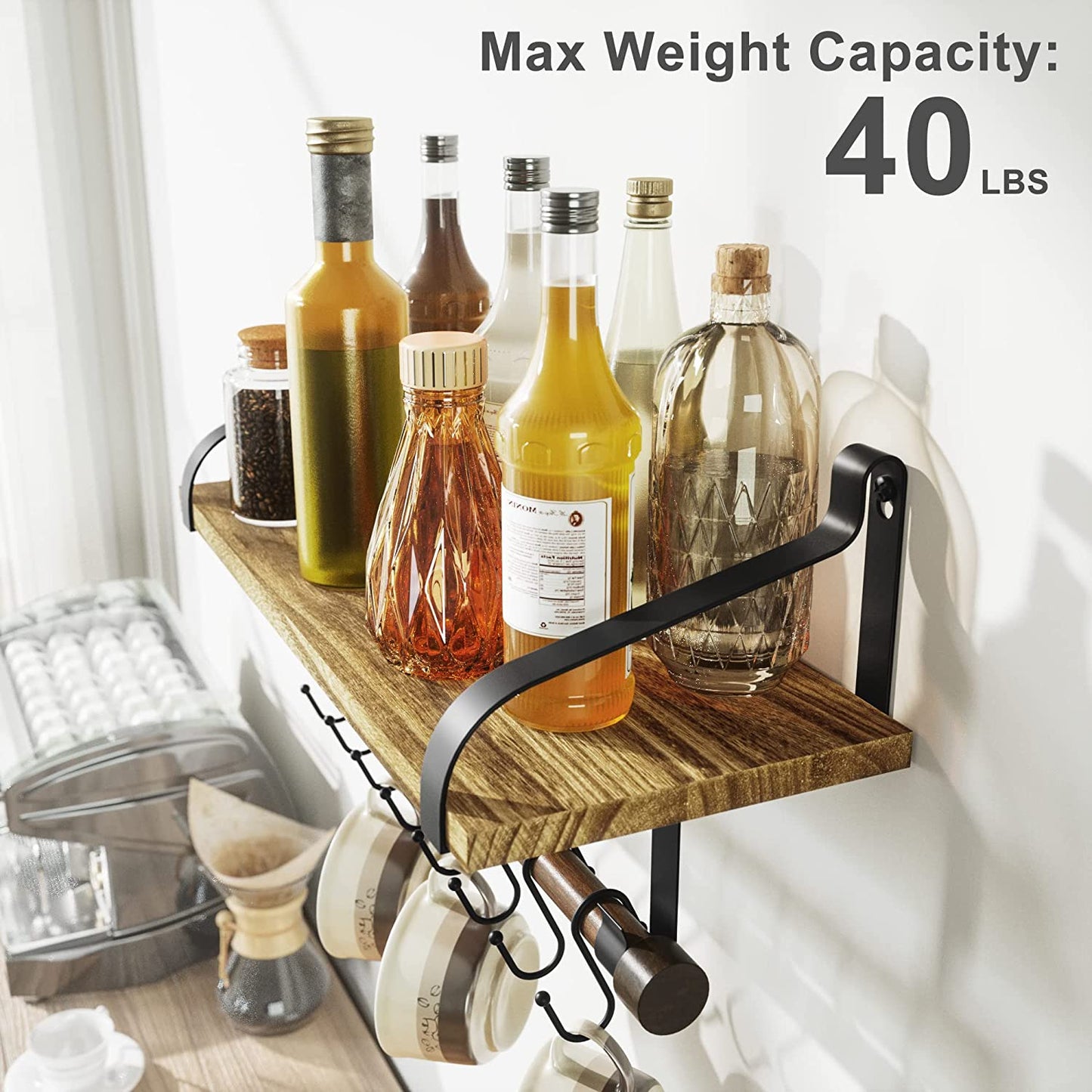 Rustic Carbonized Black Floating Shelf with Towel Bar and 8 Removable Hooks for Kitchen Spice Organization and Utensil Storage