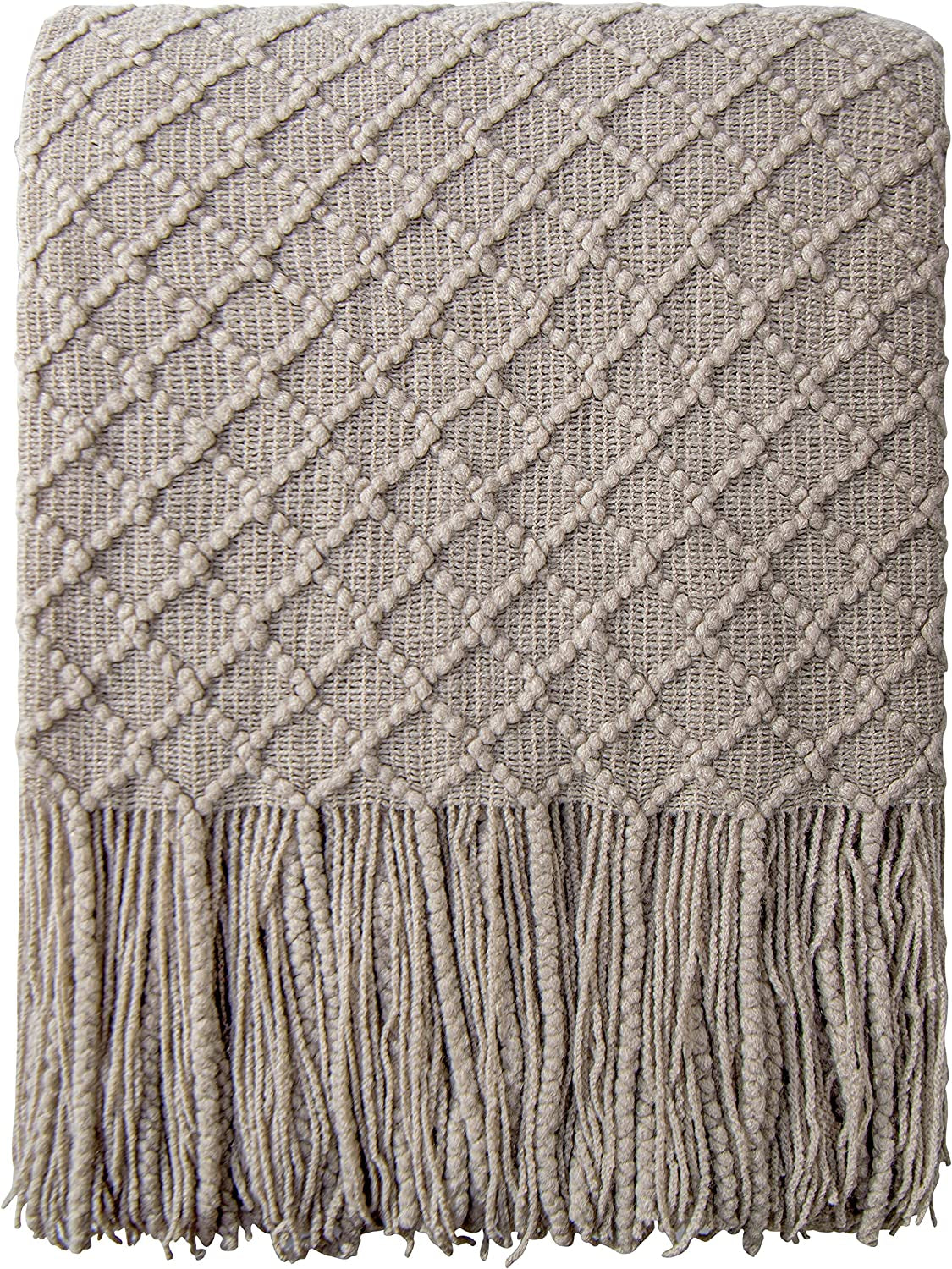 Lightweight Acrylic Knitted Throw Blanket - Soft and Cozy Decorative Woven Blanket with Tassels for Travel, Couch, Bed, and Sofa, 51x67 Inches, Taupe Checkered