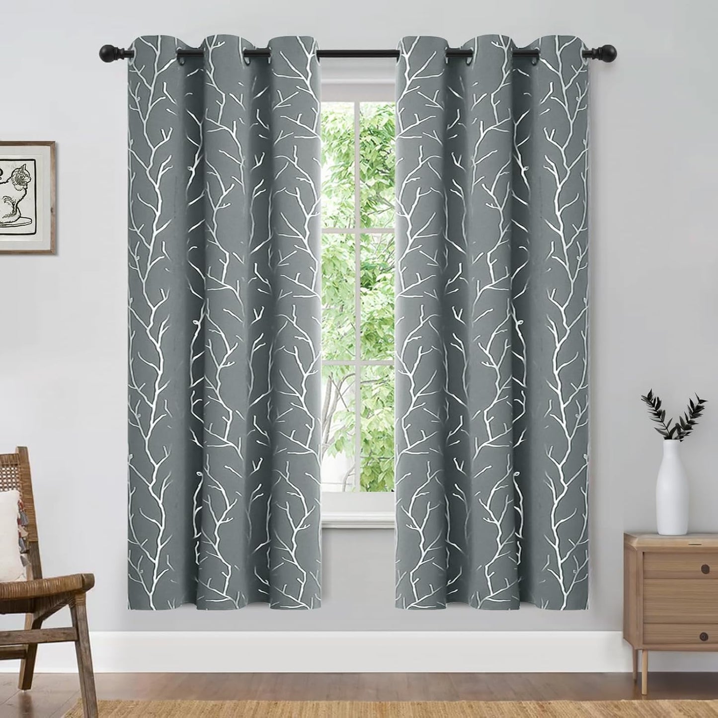 Elegant Light Grey Blackout Curtains with Silver Tree Branch Print, 63-Inch Length, Set of 2 Panels, 38W x 63L