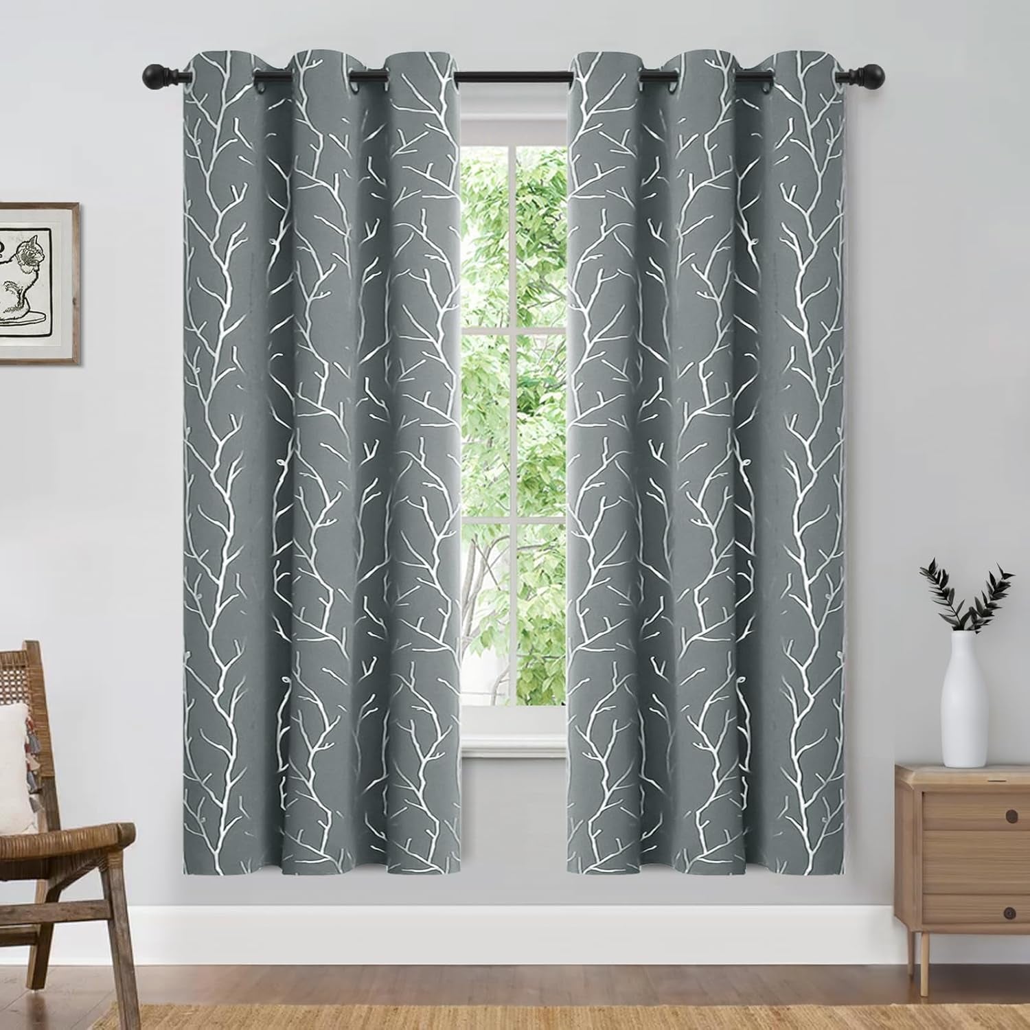 Elegant Light Grey Blackout Curtains with Silver Tree Branch Print, 63-Inch Length, Set of 2 Panels, 38W x 63L