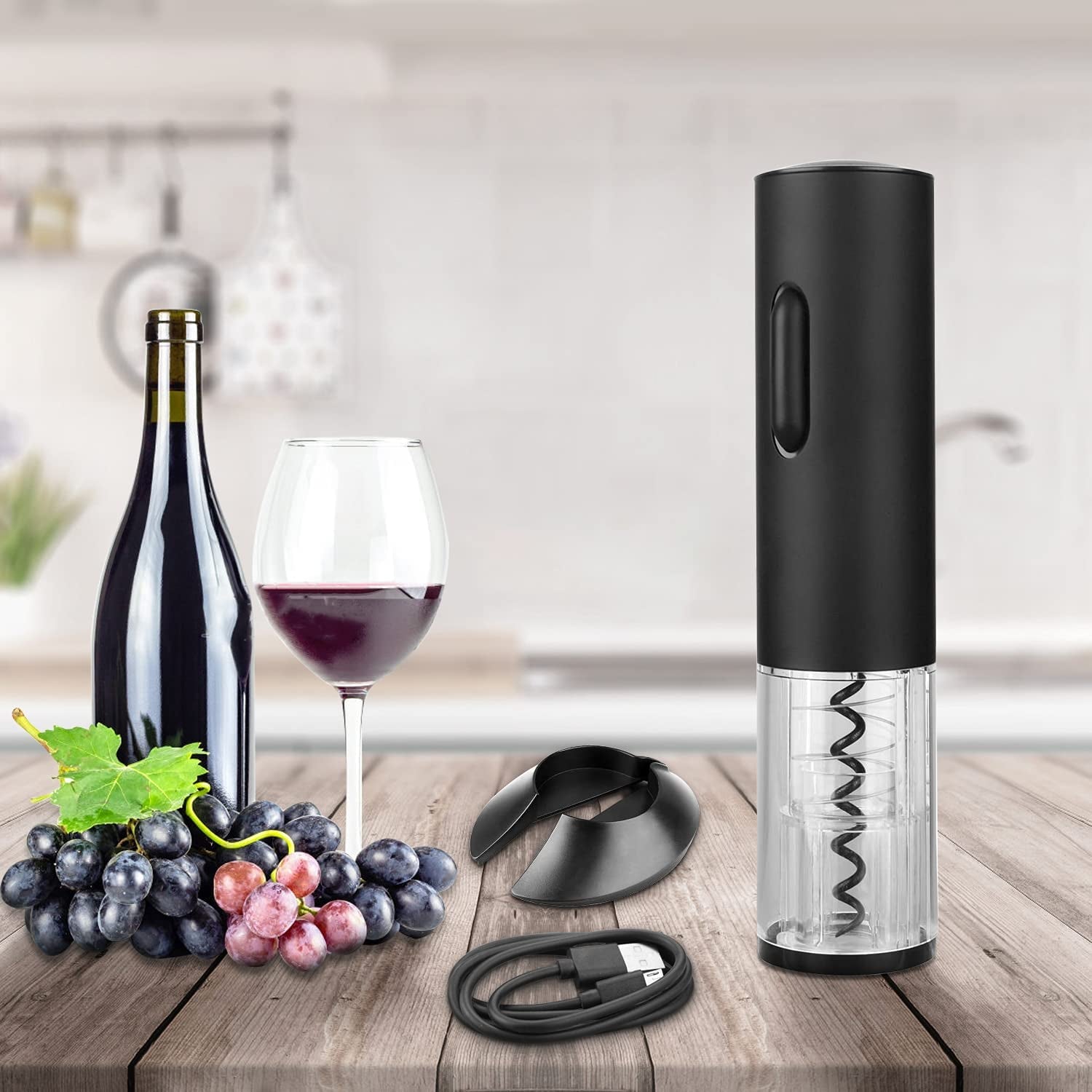 Automatic Electric Wine Opener Set - Rechargeable Stainless Steel Corkscrew with Foil Cutter and USB Charging Cable