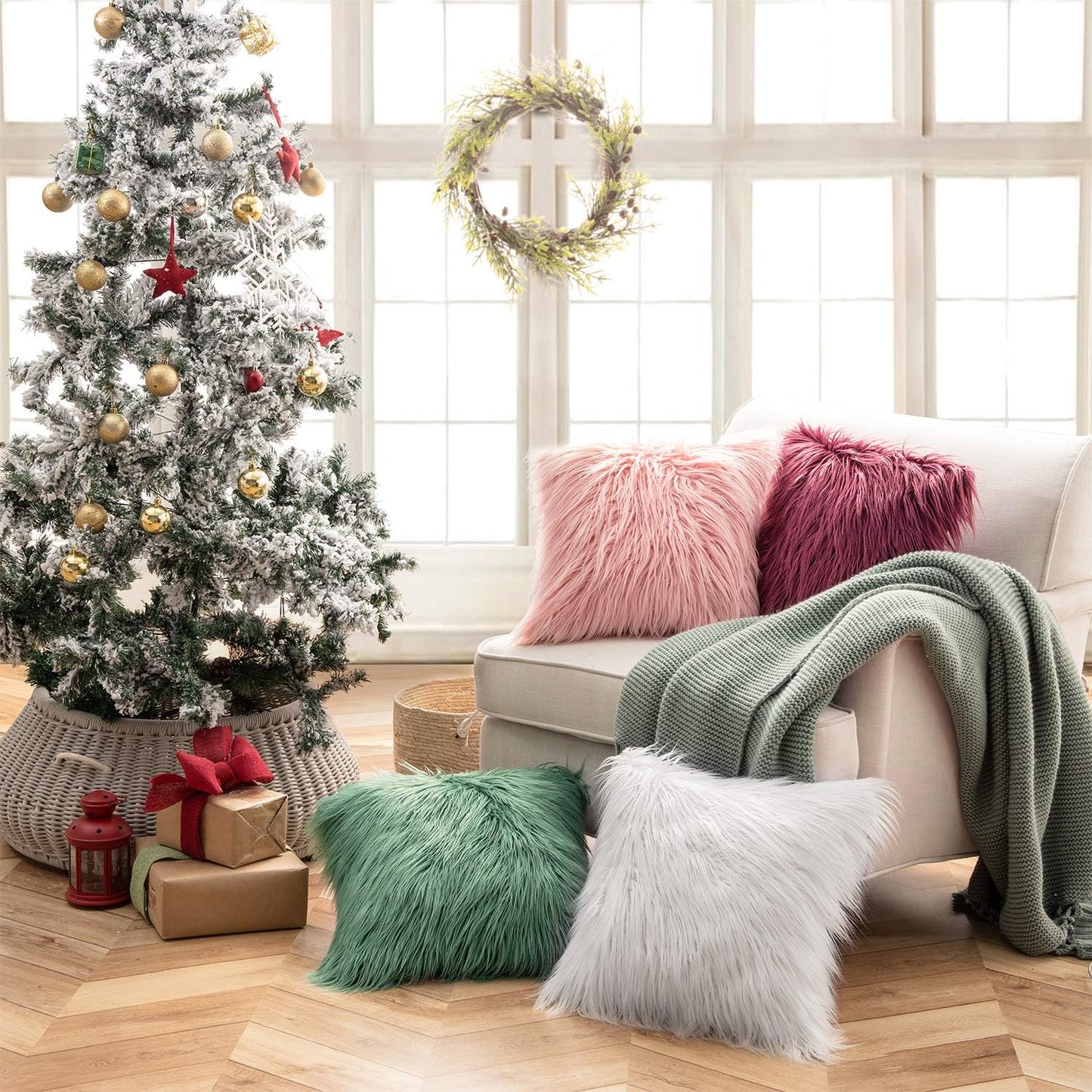 Mongolian Luxury Faux Fur Decorative Pillow Cover, Fluffy True White Cushion Case for Bedroom and Couch, 18 x 18 Inches