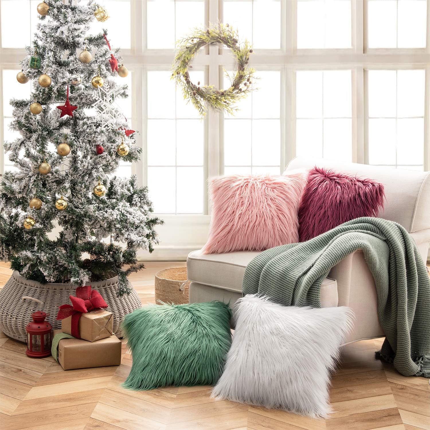 Mongolian Luxury Faux Fur Decorative Pillow Cover, Fluffy True White Cushion Case for Bedroom and Couch, 18 x 18 Inches