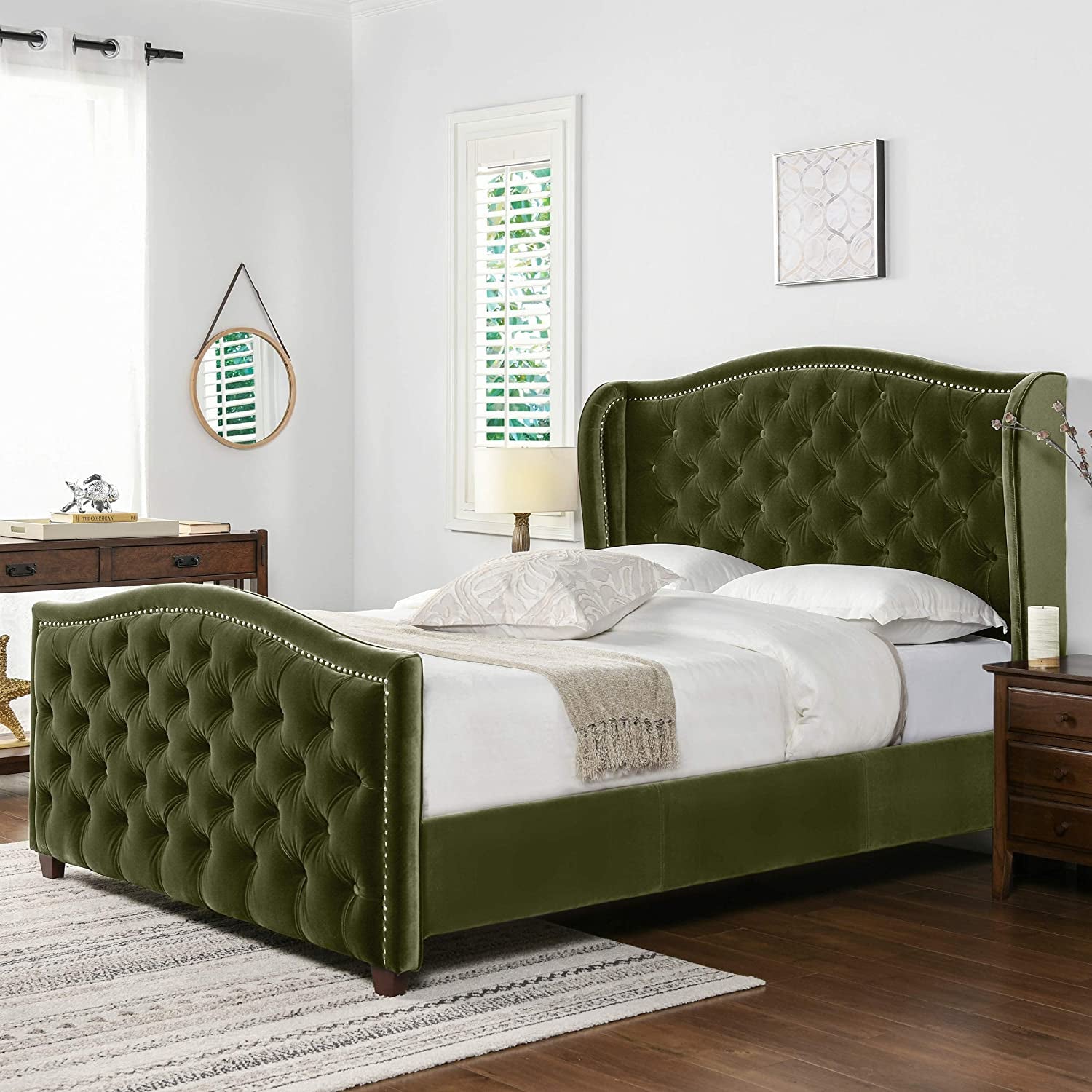 Marcella Queen Upholstered Shelter Headboard Bed Set in Olive Green Performance Velvet