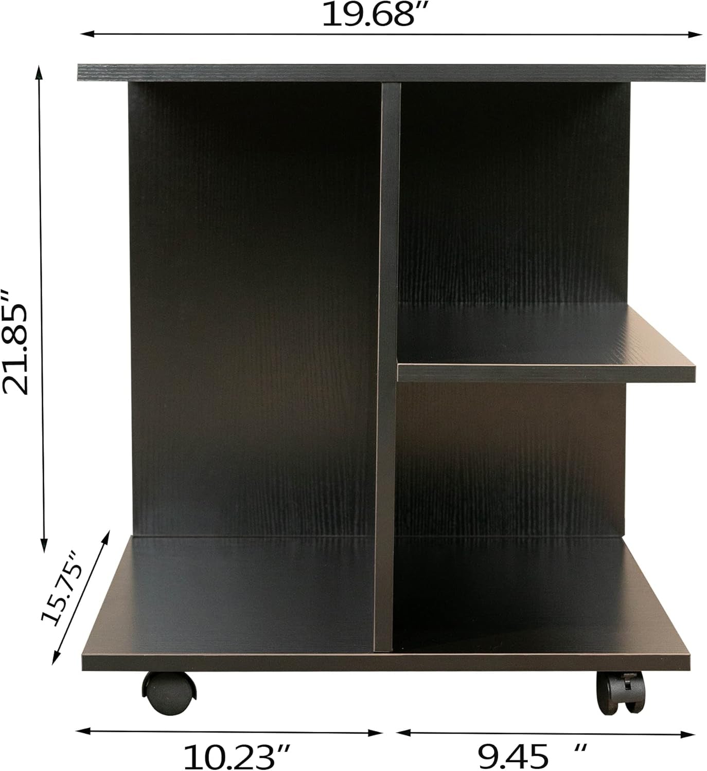 Modern Nightstand with Open Shelf and Rolling Wheels, Wood Bedside Table in Black Finish
