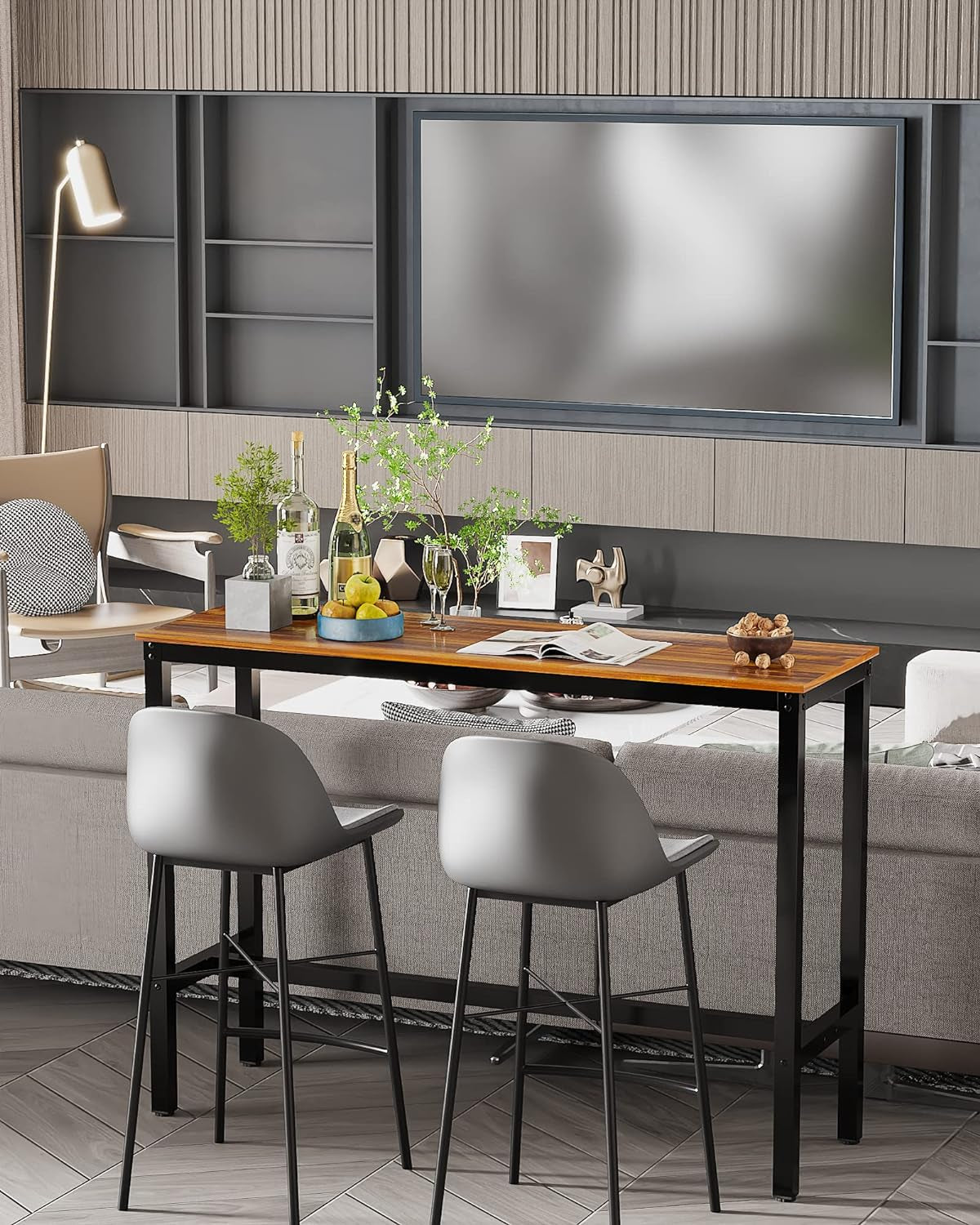 Rectangular Bar Table with Sturdy Metal Frame, 47.24" Teak High Top Counter Height Table for Kitchen, Dining, and Living Room