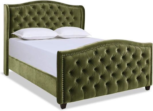 Marcella Queen Upholstered Shelter Headboard Bed Set in Olive Green Performance Velvet