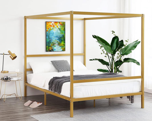 Full Size Gold Canopy Bed Frame with Headboard and 11-Inch Under-Bed Storage