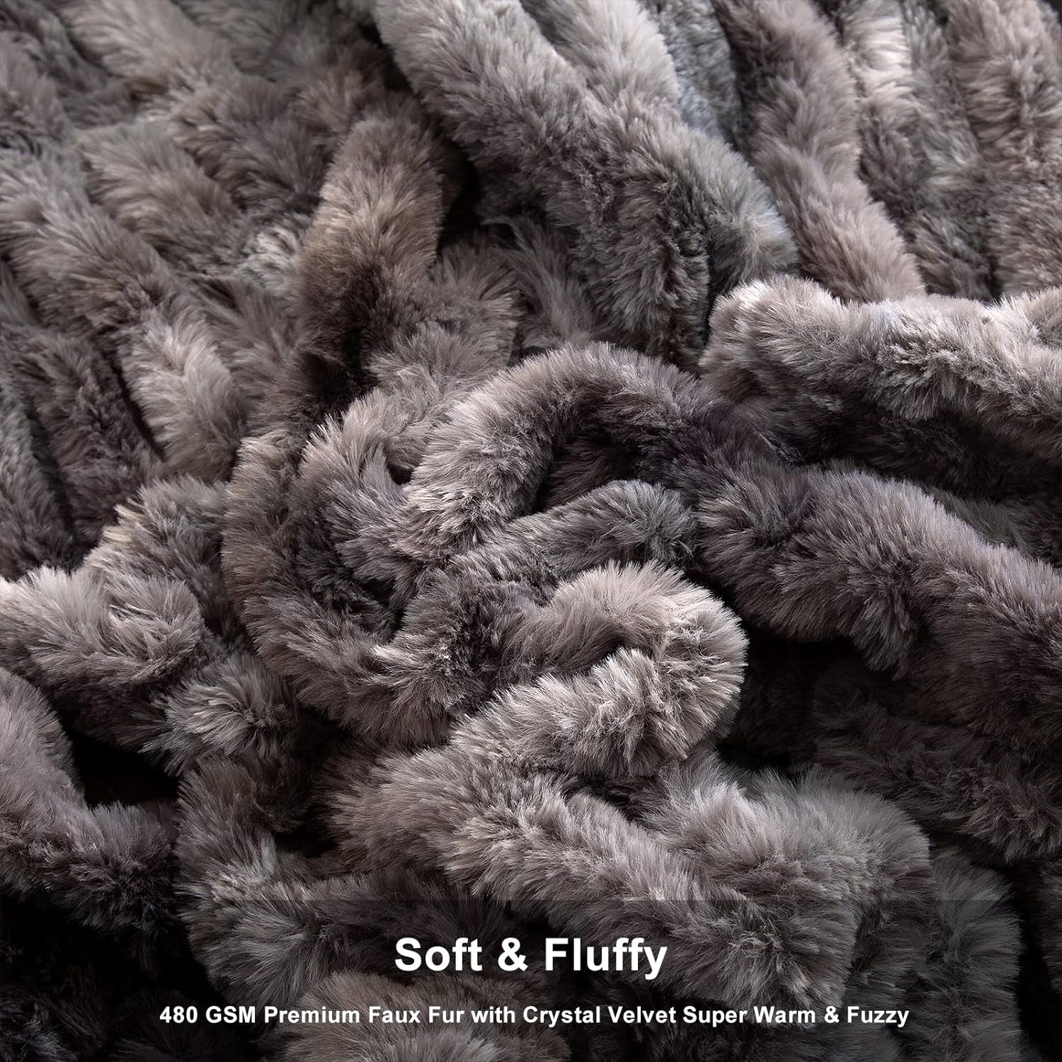 Luxurious Dark Gray Ruched Faux Fur Throw Blanket, 50" x 60" - Cozy Fuzzy Blanket for Couch and Bed