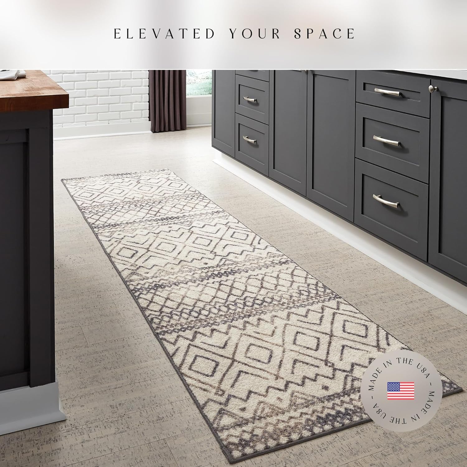 Abstract Diamond Modern Distressed Non-Slip Runner Rug for Hallway and Entryway, Made in USA, 2'6" x 10', Neutral Color