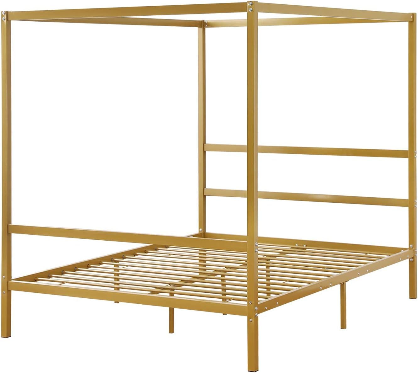 Full Size Gold Canopy Bed Frame with Headboard and 11-Inch Under-Bed Storage