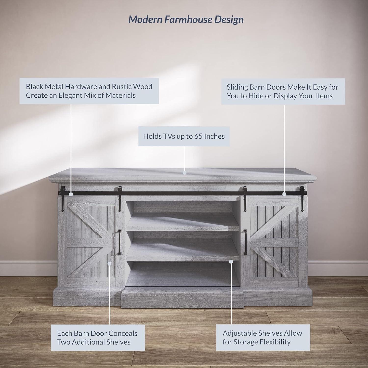 60-Inch Modern Farmhouse TV Stand and Entertainment Center for TVs up to 65 Inches, Featuring Adjustable Shelves and Barn Doors - Ashford in Stone Grey