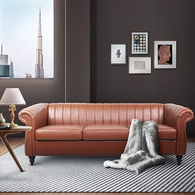 Chesterfield 3-Seater Sofa in PU Leather with Rolled Arms and Studded Accents, Featuring Rotating Solid Wood Legs for Living Room (Bronze)