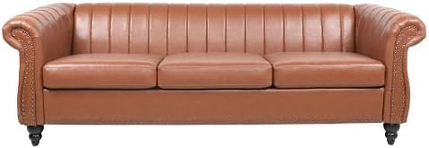 Chesterfield 3-Seater Sofa in PU Leather with Rolled Arms and Studded Accents, Featuring Rotating Solid Wood Legs for Living Room (Bronze)
