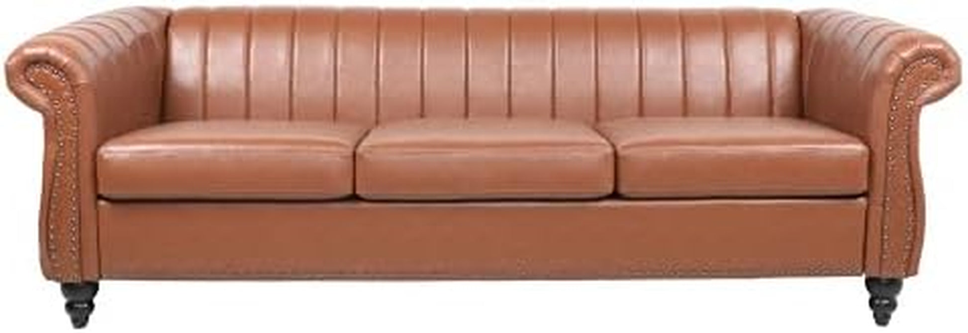 Chesterfield 3-Seater Sofa in PU Leather with Rolled Arms and Studded Accents, Featuring Rotating Solid Wood Legs for Living Room (Bronze)