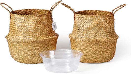 720303 Set of 2 Hand Woven Seagrass Plant Baskets with Handles - Versatile Storage Solution for Laundry, Picnics, Plant Pot Cover, Home Decor, and Beach Bag (Extra Large, Brown)