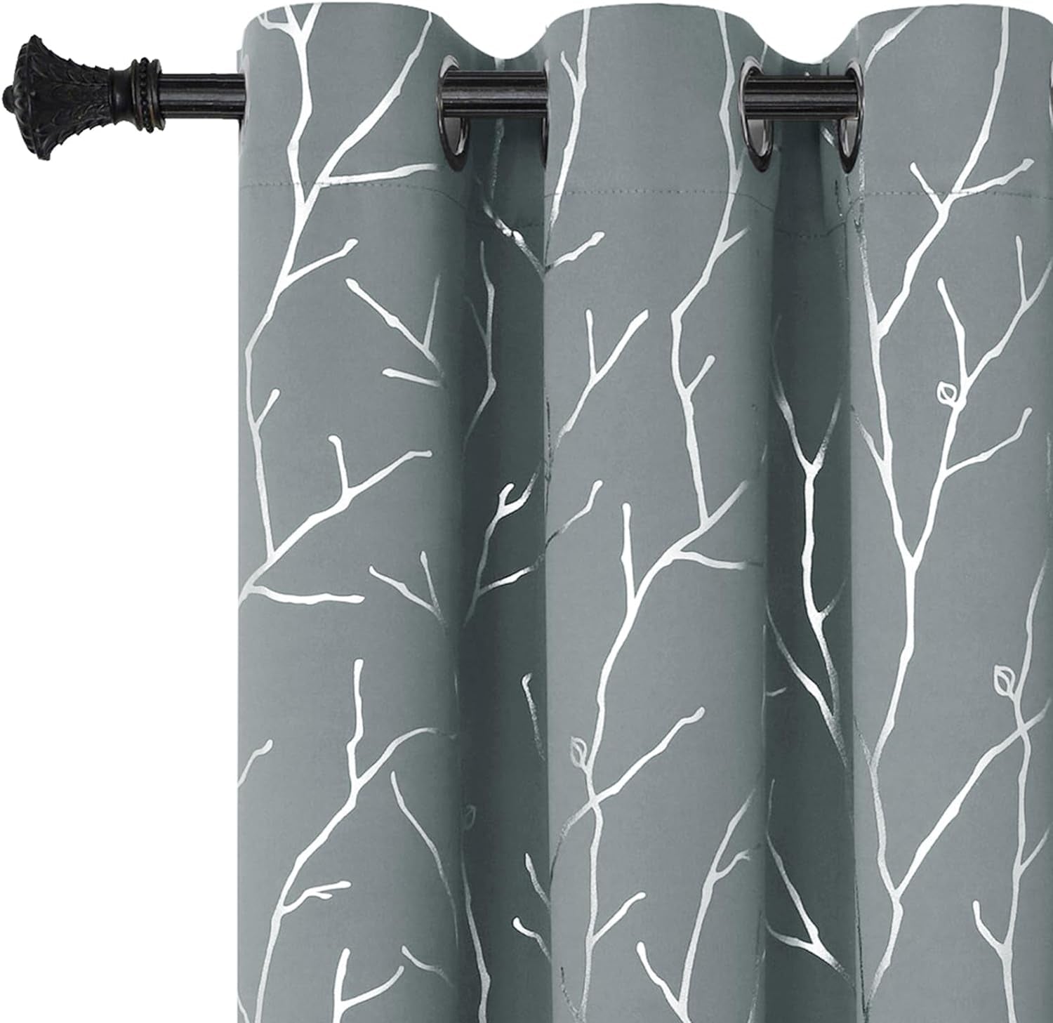 Elegant Light Grey Blackout Curtains with Silver Tree Branch Print, 63-Inch Length, Set of 2 Panels, 38W x 63L