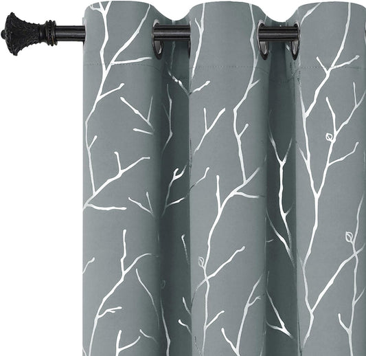 Elegant Light Grey Blackout Curtains with Silver Tree Branch Print, 63-Inch Length, Set of 2 Panels, 38W x 63L