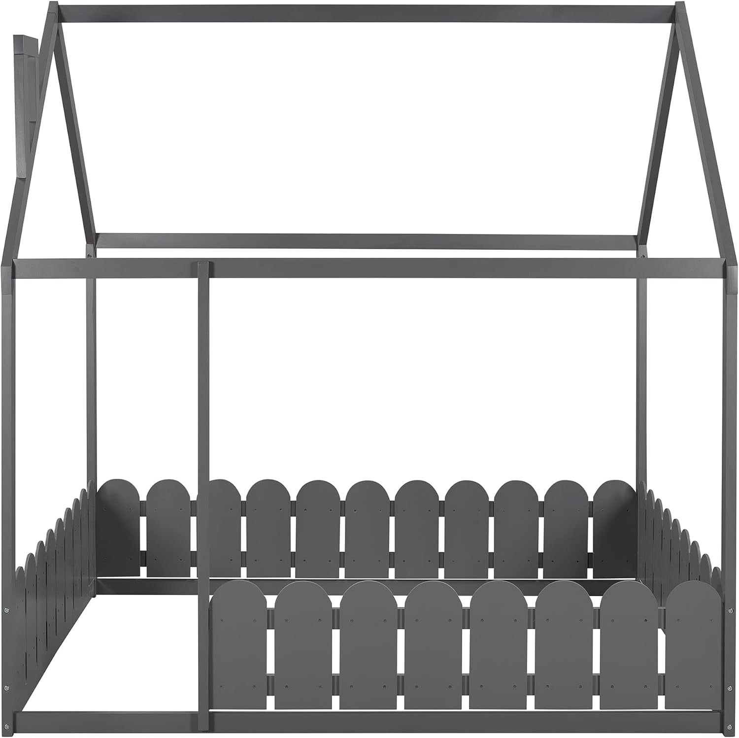 Full-Size House Bed for Children with Roof and Fence, Wooden Bed Frame for Kids, Teens, and Nursery, Easy Assembly Cabin Floor Bed