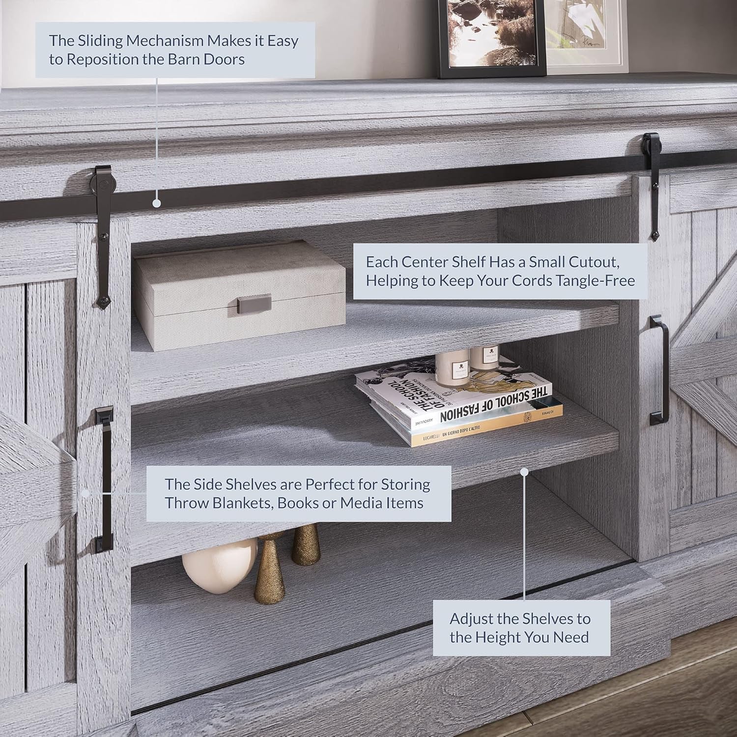 60-Inch Modern Farmhouse TV Stand and Entertainment Center for TVs up to 65 Inches, Featuring Adjustable Shelves and Barn Doors - Ashford in Stone Grey