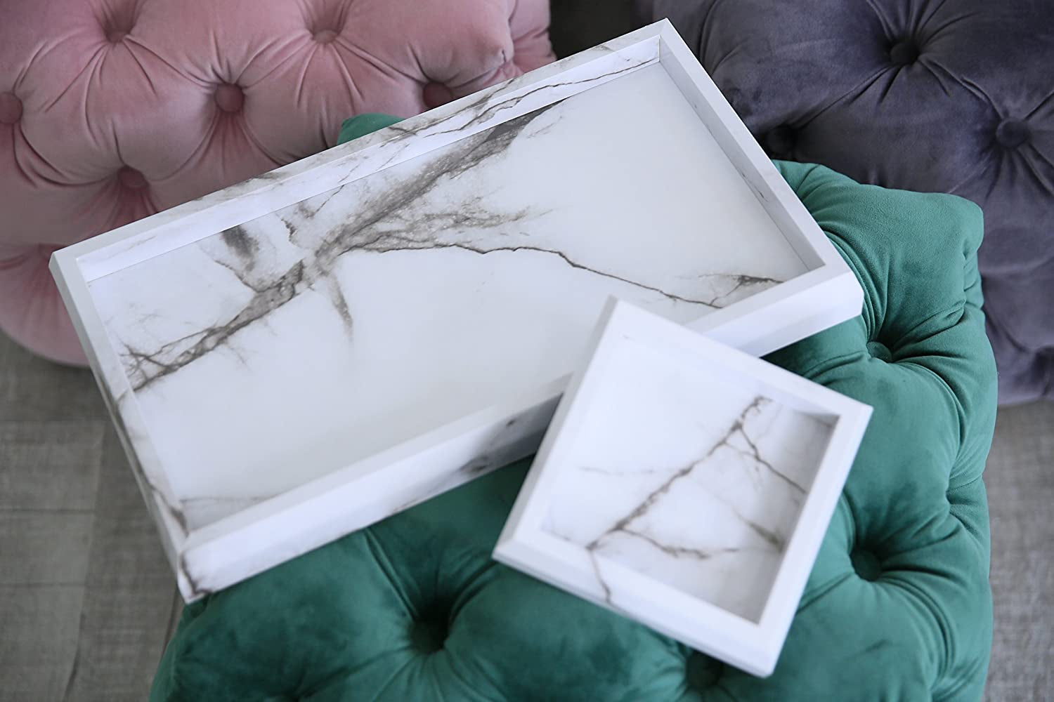 Set of 2 Marble Print Vanity Trays for Women - Elegant Faux Marble Decorative Catchall for Entryway, Perfume and Candle Display, Cosmetics Storage, and Jewelry Organization (Wooden, Marble White)