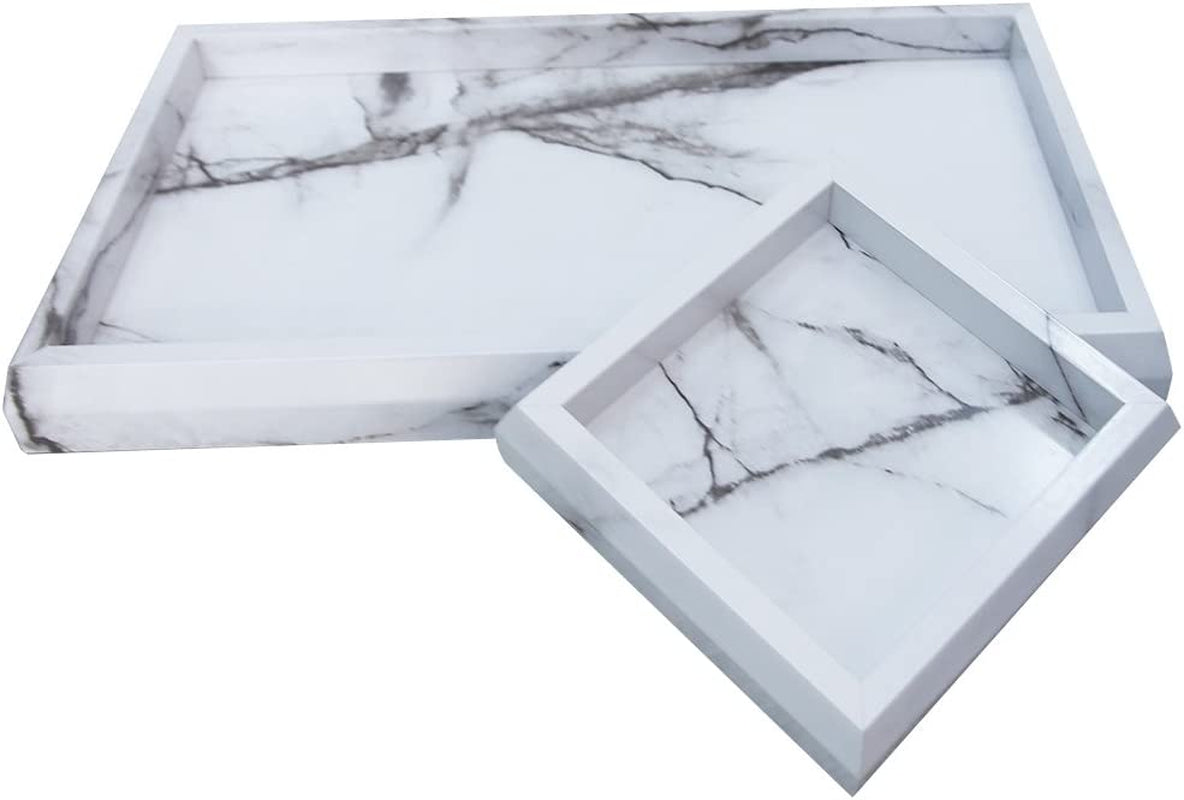 Set of 2 Marble Print Vanity Trays for Women - Elegant Faux Marble Decorative Catchall for Entryway, Perfume and Candle Display, Cosmetics Storage, and Jewelry Organization (Wooden, Marble White)