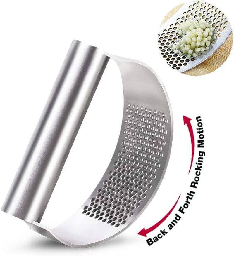 Stainless Steel Garlic Press and Mincer with Peeler, Scraper Brush, and Ergonomic Handle - Innovative Kitchen Gadget