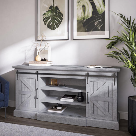 60-Inch Modern Farmhouse TV Stand and Entertainment Center for TVs up to 65 Inches, Featuring Adjustable Shelves and Barn Doors - Ashford in Stone Grey