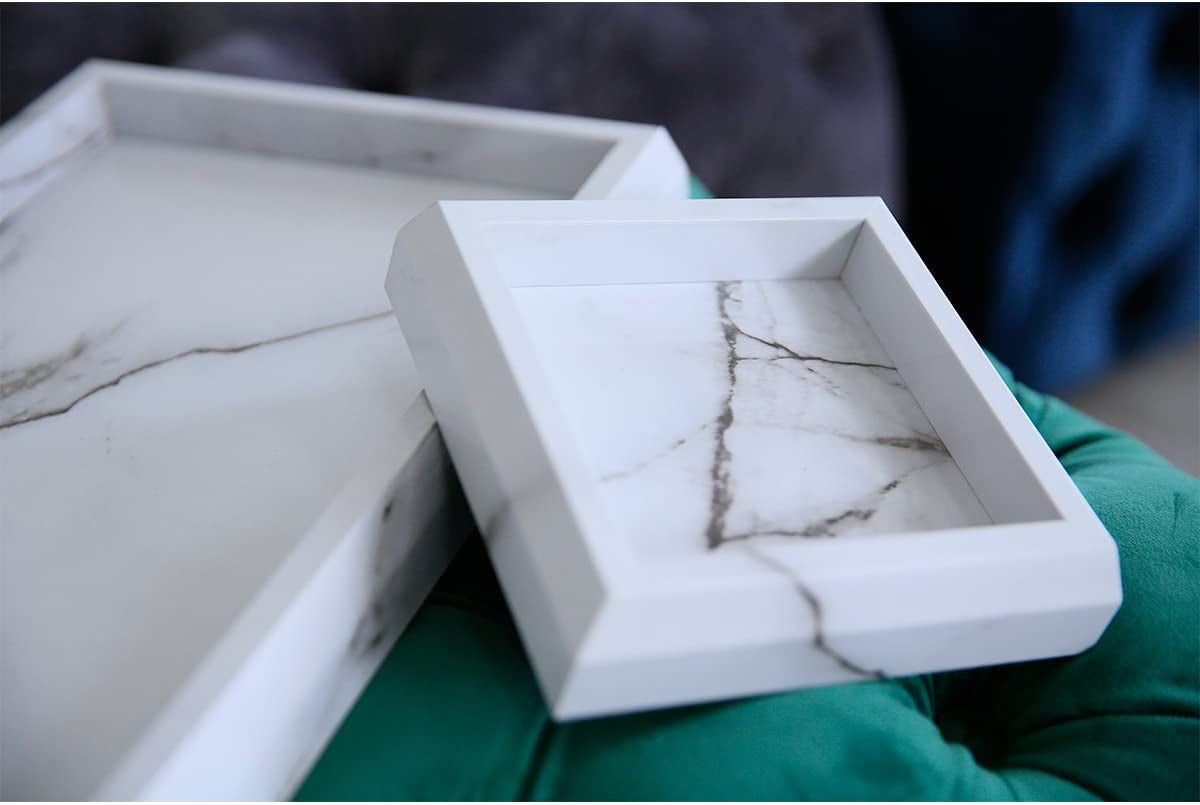 Set of 2 Marble Print Vanity Trays for Women - Elegant Faux Marble Decorative Catchall for Entryway, Perfume and Candle Display, Cosmetics Storage, and Jewelry Organization (Wooden, Marble White)
