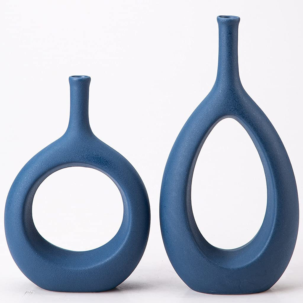 Ceramic White Oval Geometric Vase, 11 Inches