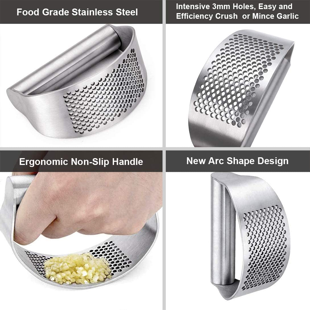 Stainless Steel Garlic Press and Mincer with Peeler, Scraper Brush, and Ergonomic Handle - Innovative Kitchen Gadget