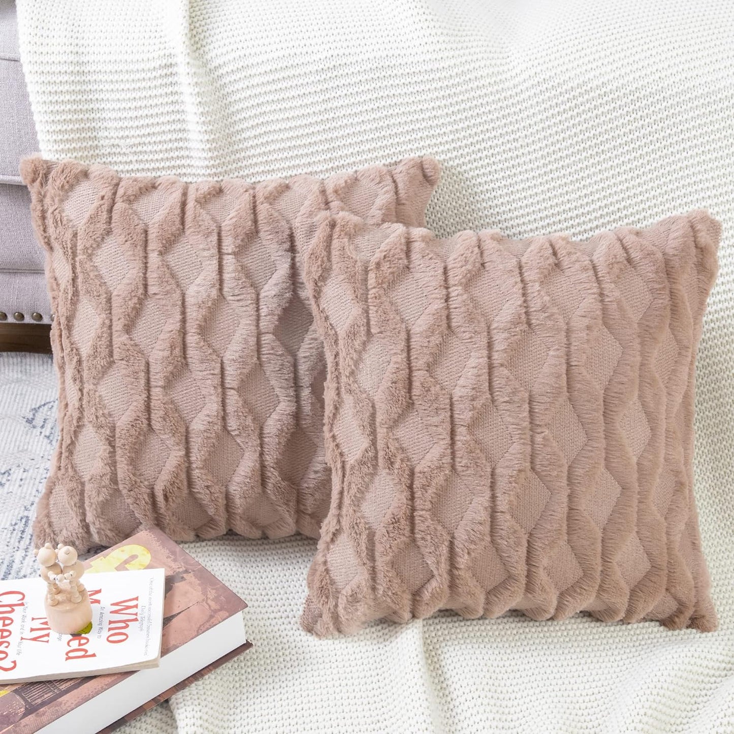 Set of 2 Luxury Light Brown Soft Plush Short Wool Velvet Decorative Throw Pillow Covers 26x26 Inch for Sofa and Bedroom