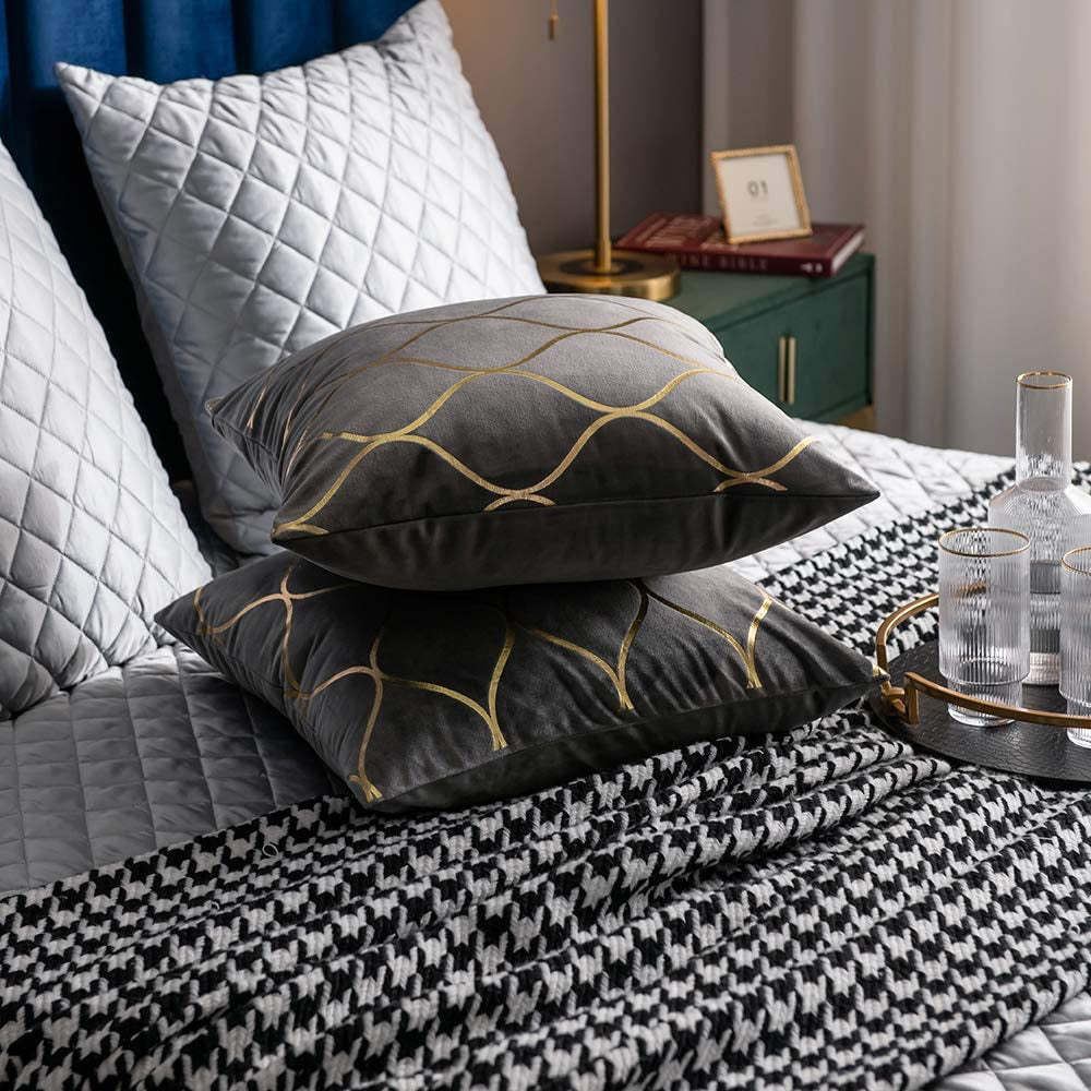 Gold Velvet Decorative Throw Pillow Covers - Set of 2, 18x18 Inch Square Cases for Bedroom, Sofa, and Living Room, Light Grey
