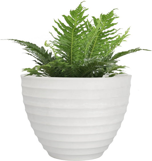10.2-Inch Fluted White Stone Flower Pot - Versatile Indoor and Outdoor Planter