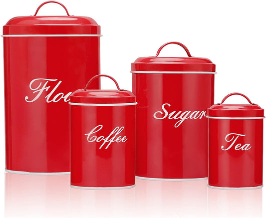 Kitchen Canister Set, Vintage Farmhouse Food Storage Containers for Flour and Coffee, 4-Pack with Removable Lids (Red)