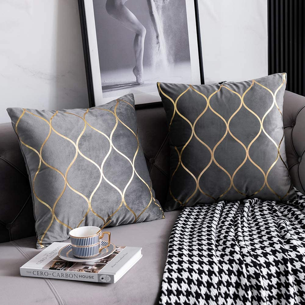Gold Velvet Decorative Throw Pillow Covers - Set of 2, 18x18 Inch Square Cases for Bedroom, Sofa, and Living Room, Light Grey
