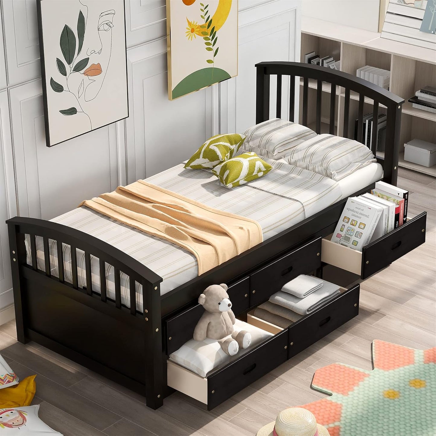 Twin Bed Frame with Storage Drawers - Solid Wood Captain's Bed Frame, No Box Spring Required (Espresso Finish)