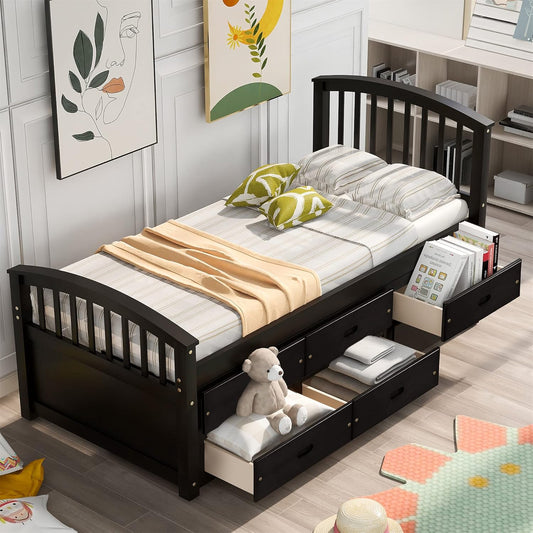 Twin Bed Frame with Storage Drawers - Solid Wood Captain's Bed Frame, No Box Spring Required (Espresso Finish)
