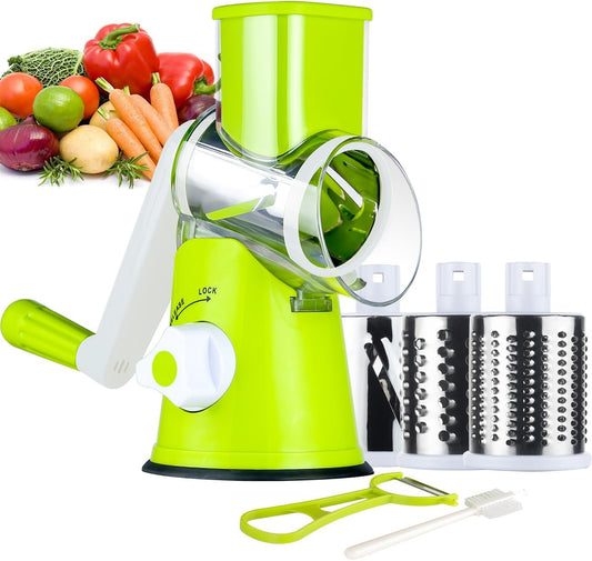 Hand Crank Rotary Cheese Grater and Kitchen Shredder with Drum Blades for Cheese, Vegetables, Nuts, and Chocolate - Includes 3 Blades, Green