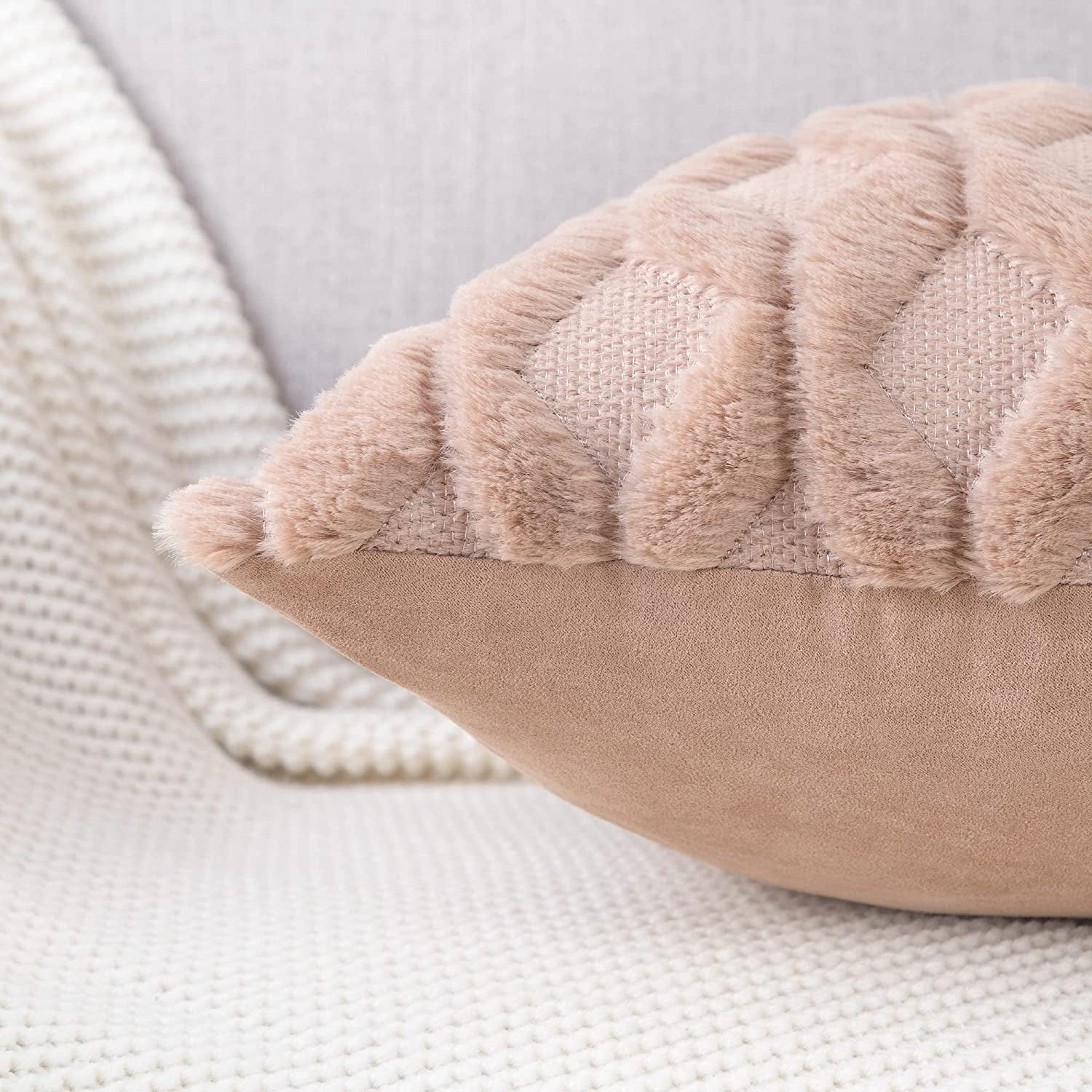 Set of 2 Luxury Light Brown Soft Plush Short Wool Velvet Decorative Throw Pillow Covers 26x26 Inch for Sofa and Bedroom