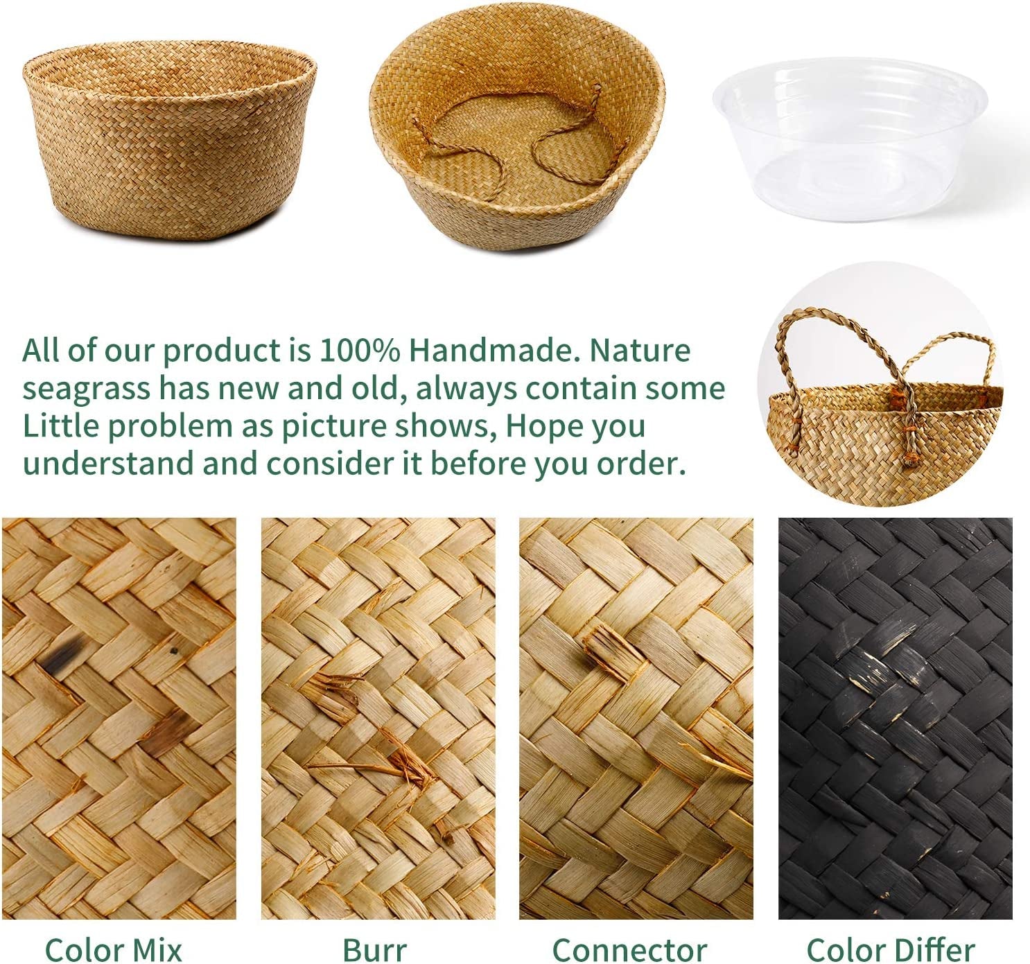 720303 Set of 2 Hand Woven Seagrass Plant Baskets with Handles - Versatile Storage Solution for Laundry, Picnics, Plant Pot Cover, Home Decor, and Beach Bag (Extra Large, Brown)